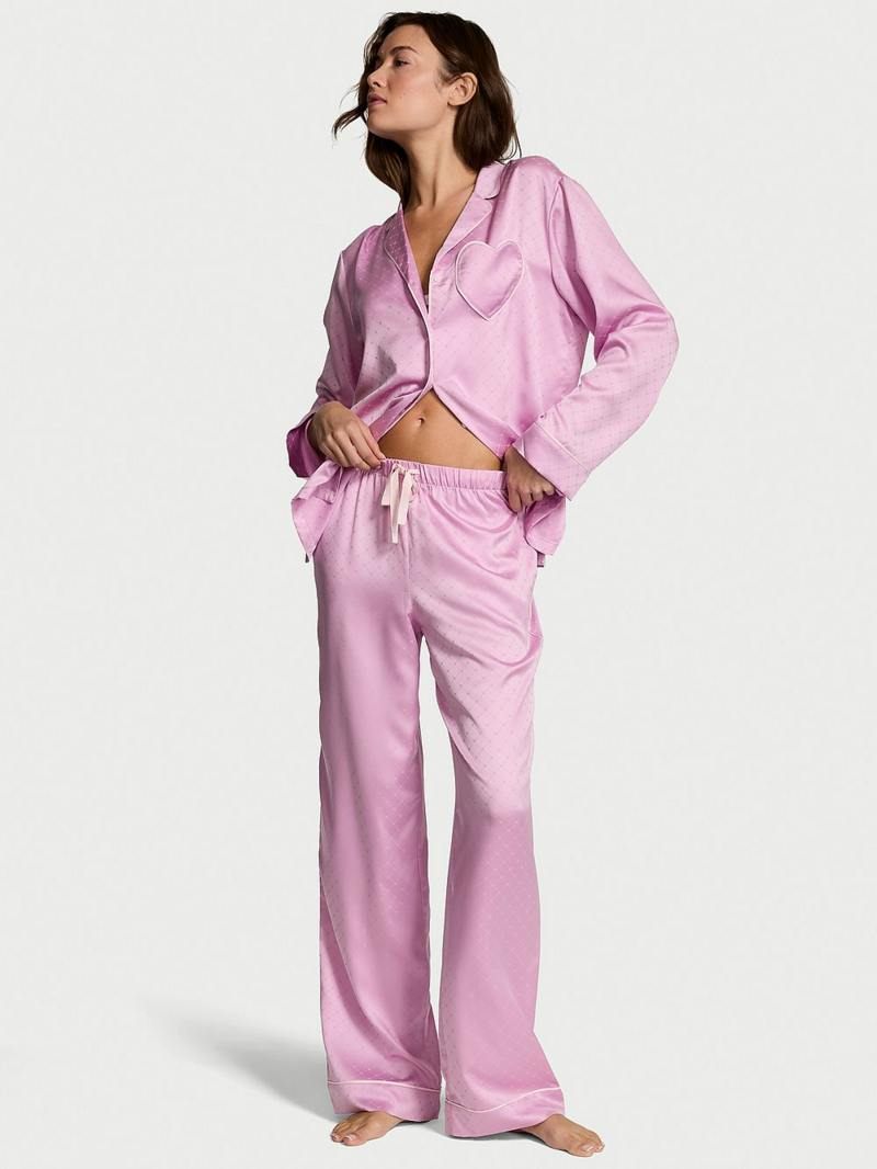 Pijama Cetim Signature Glazed Satin Heart Long Bikini Pink