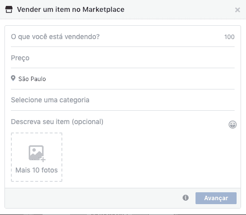 facebook marketplace - formulário de cadastro de anúncio