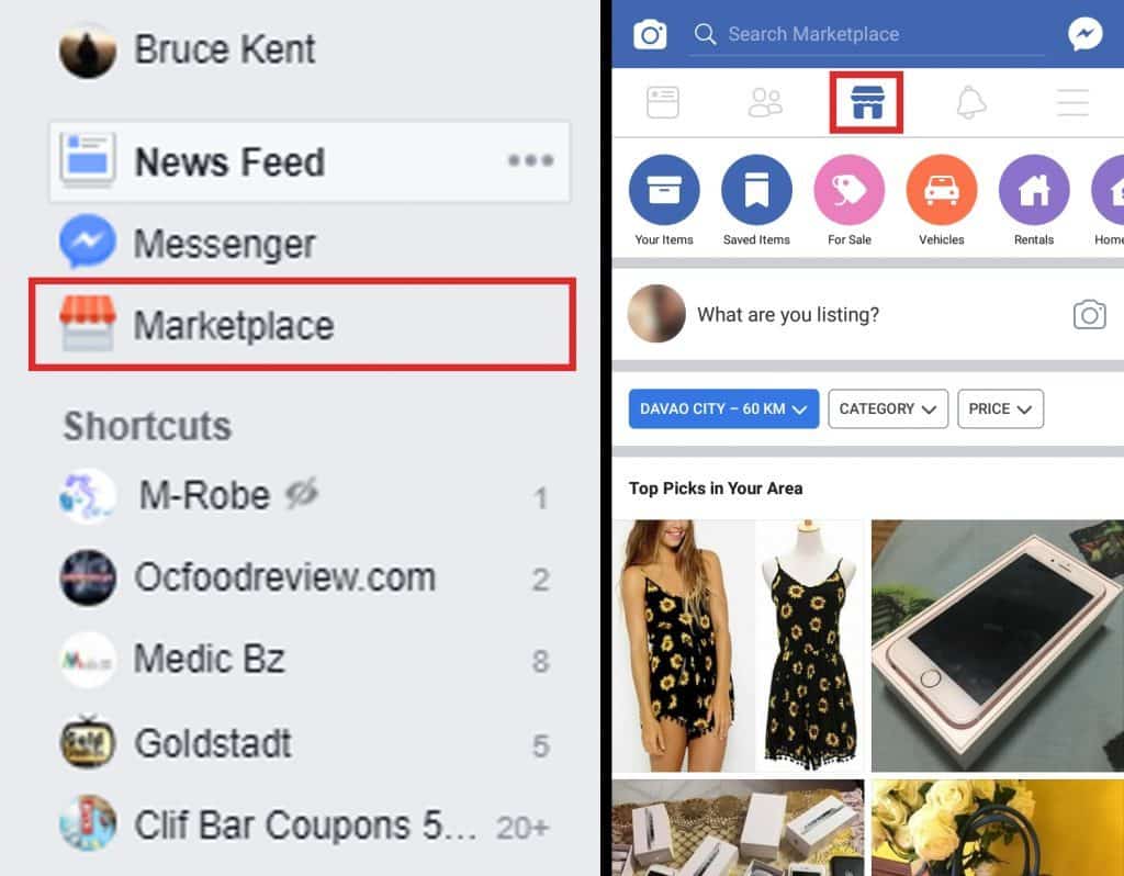 facebook marketplace - versão desktop e versão mobile
