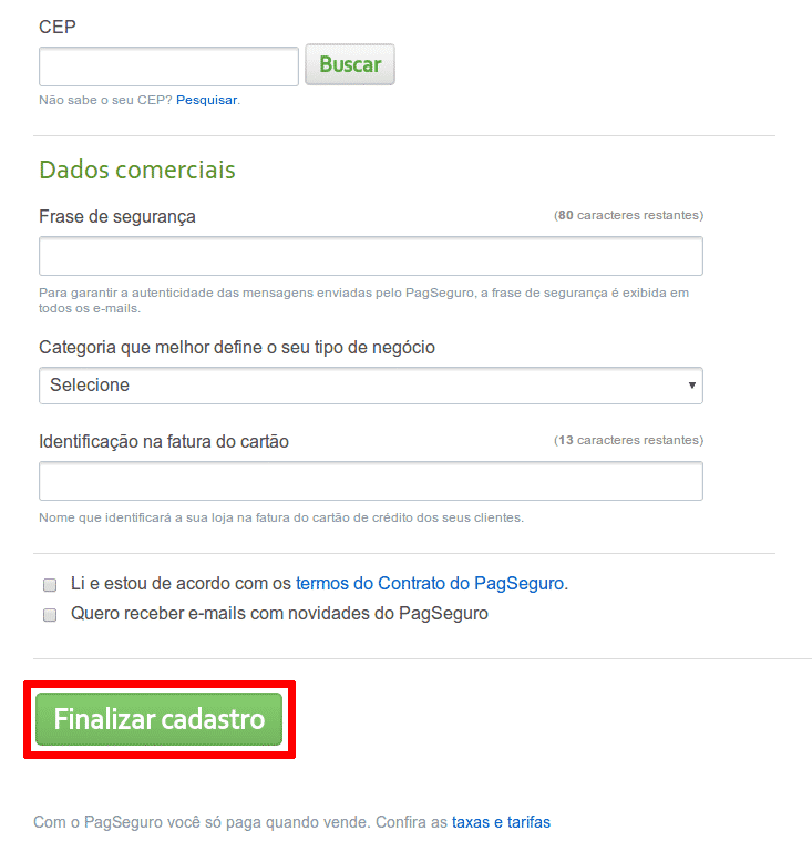 Cadastro PagSeguro