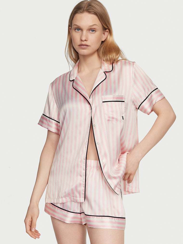 Pijama Satin Short Pajama Set New Pink Iconic Stripe Victoria’s Secret