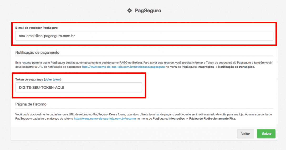 Configuração PagSeguro - Boxloja